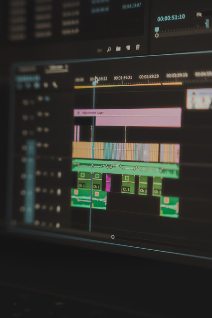 home-services-004 Detailed view of a video editing timeline displayed on a computer screen, highlighting the tools used in video production.